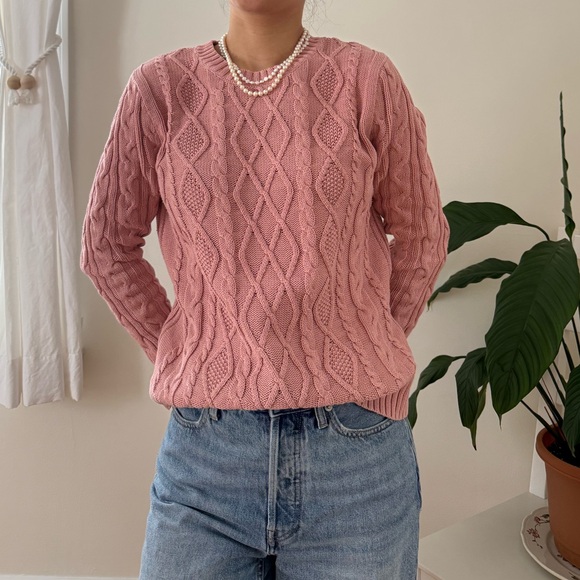 Jeanne Pierre 100% Cotton Crewneck Pink Cable Knit Sweater Long Sleeve Size M - Picture 4 of 10